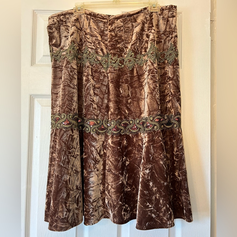 Vintage Velvet Midi Skirt brown gold size 16 embellished - Picture 3 of 14